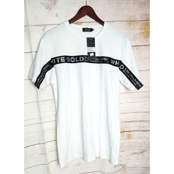 Gold Leaf Men's Designer T-Shirt, White Gold Strap, Rare Design, Size Large - Picture 1 of 16